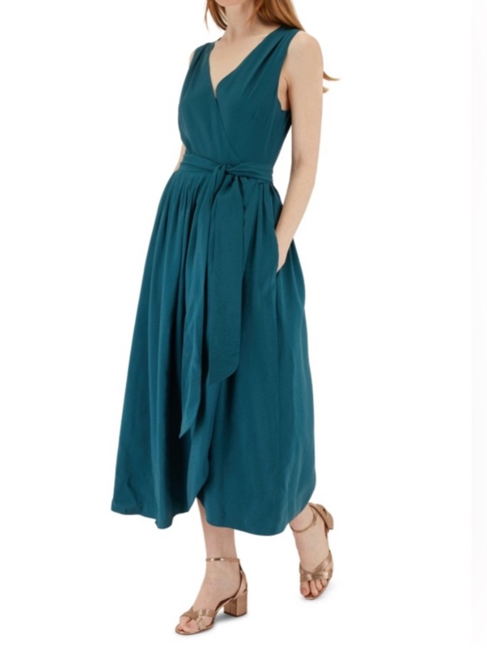 Vince Women’s Sleeveless Teal Wrap Waist Tie V Neck Pleated Midi Dress Sz XXS
